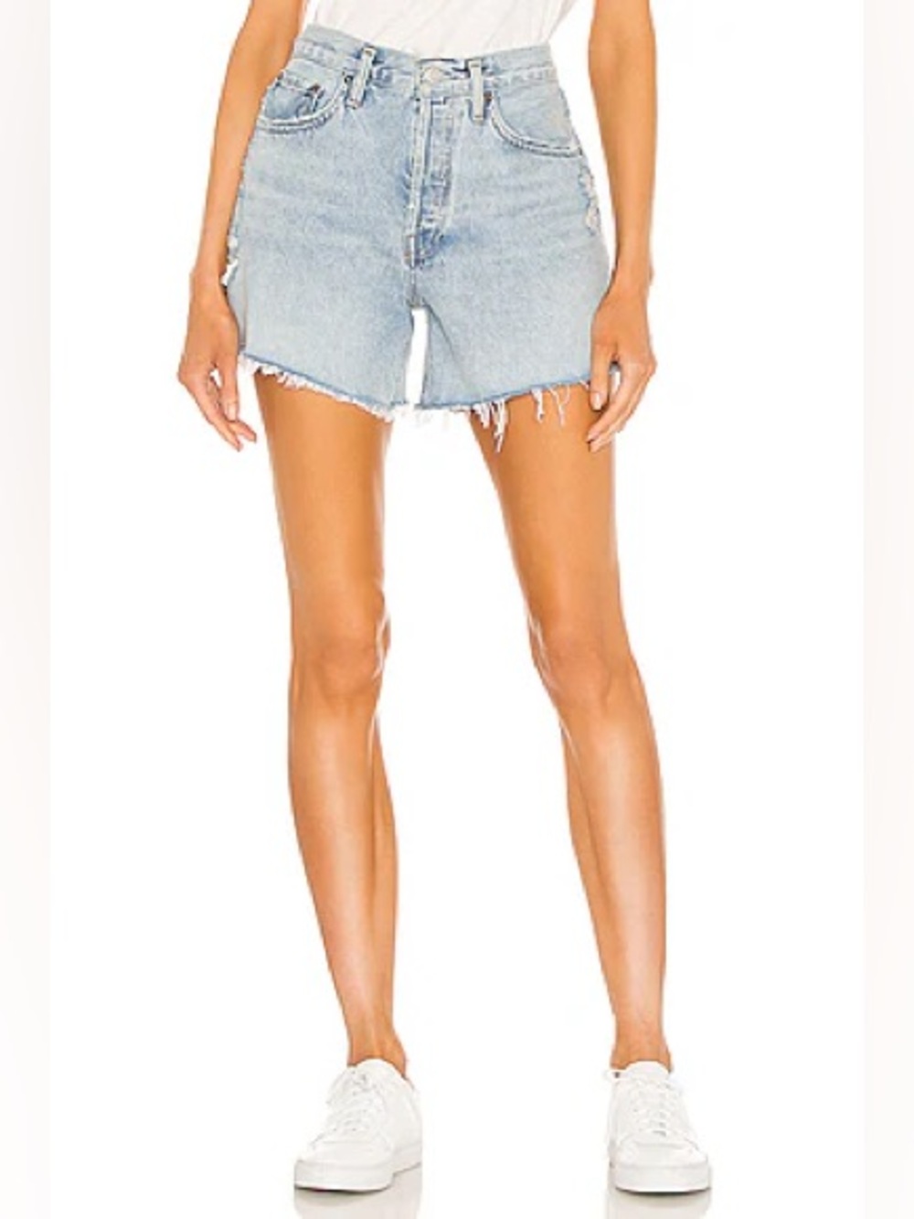 Agolde Parker Long Light Wash Distressed High-Rise Denim Shorts Size 27